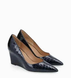Outlet Escarpin à talon compensé à bout pointu - Francesca 70 - Cuir imprimé crocodile verni - Bleu nuit Escarpins
