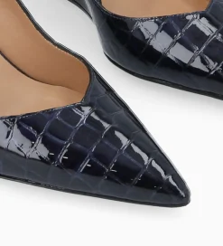 Outlet Escarpin à talon compensé à bout pointu - Francesca 70 - Cuir imprimé crocodile verni - Bleu nuit Escarpins